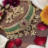 Vriksham Green Square AD Stone Lotus Stale High Neck Choker-Pearl-G18912