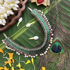 Vriksham Royal Radiances Statement Precious Kemp With Pearl Choker Neckpiece-Red Green-G20472