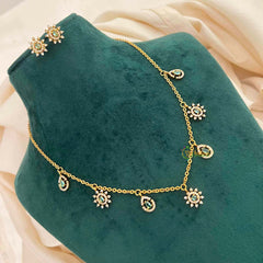 Vriksham CZ Sunburst Charm & Teardrop Drops With Matching Studs Pendant Chain-Aqua Green-G21820