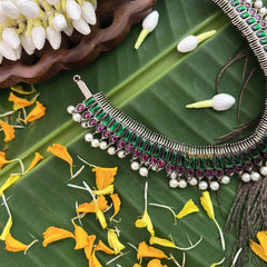 Vriksham Royal Radiances Statement Precious Kemp With Pearl Choker Neckpiece-Red Green-G20472