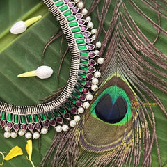 Vriksham Royal Radiances Statement Precious Kemp With Pearl Choker Neckpiece-Red Green-G20472