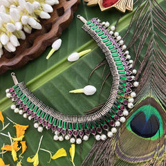 Vriksham Royal Radiances Statement Precious Kemp With Pearl Choker Neckpiece-Red Green-G20472