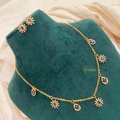 Vriksham CZ Sunburst Charm & Teardrop Drops With Matching Studs Pendant Chain-Purple-G21822