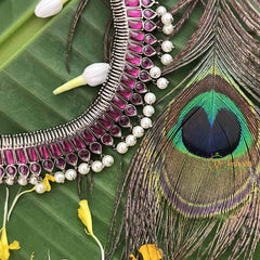 Vriksham Royal Radiances Statement Precious Kemp With Pearl Choker Neckpiece-Red-G20471