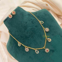 Vriksham Multi Color CZ Sunburst Charm & Teardrop Drops With Matching Studs Pendant Chain-G21823