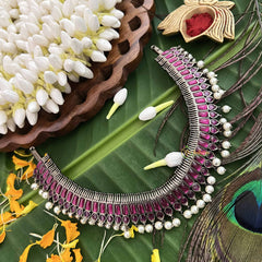 Vriksham Royal Radiances Statement Precious Kemp With Pearl Choker Neckpiece-Red-G20471