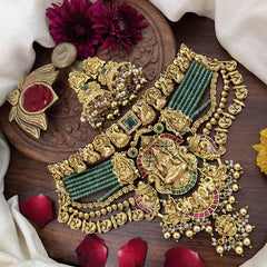 Vriksham Aqua Green Beaded Mala Lakshmi Elephant High Neck Choker-Gold Bead-G18911