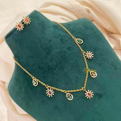 Vriksham Multi Color CZ Sunburst Charm & Teardrop Drops With Matching Studs Pendant Chain-G21823