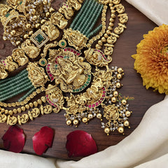 Vriksham Aqua Green Beaded Mala Lakshmi Elephant High Neck Choker-Gold Bead-G18911