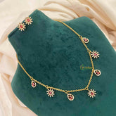 Vriksham CZ Sunburst Charm & Teardrop Drops With Matching Studs Pendant Chain-Red-G21821