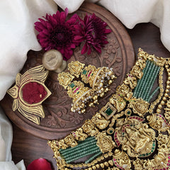 Vriksham Aqua Green Beaded Mala Lakshmi Elephant High Neck Choker-Gold Bead-G18911