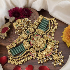 Vriksham Aqua Green Beaded Mala Lakshmi Elephant High Neck Choker-Gold Bead-G18911