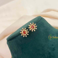 Vriksham CZ Sunburst Charm & Teardrop Drops With Matching Studs Pendant Chain-Red-G21821