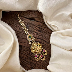 Antique Red Green AD Stone Lakshmi Maang Tikka-Pearl-G13536