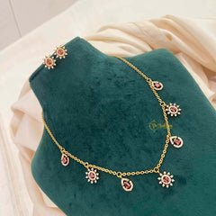 Vriksham CZ Sunburst Charm & Teardrop Drops With Matching Studs Pendant Chain-Red-G21821