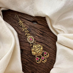 Antique Red AD Stone Lakshmi Maang Tikka-Gold Bead-Pearl-G13533