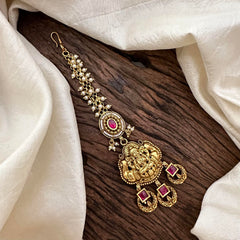 Antique Red AD Stone Lakshmi Maang Tikka-Pearl-G13534