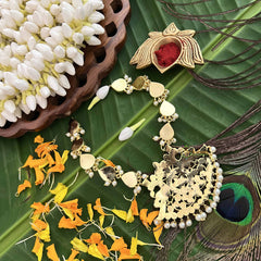 Vriksham Majestic Polki Gold Look Precious Kemp With Pearl Short Neckpiece-G20475