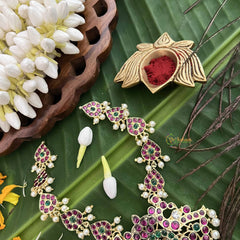 Vriksham Majestic Polki Gold Look Precious Kemp With Pearl Short Neckpiece-Red Green-G20476