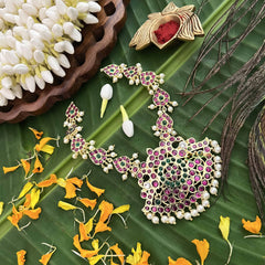 Vriksham Majestic Polki Gold Look Precious Kemp With Pearl Short Neckpiece-Red Green-G20476