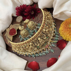 Vriksham Unique Lakshmi With Peacock Style High Neck Choker-Aqua Green Bead-G18906