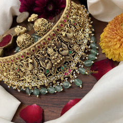Vriksham Unique Lakshmi With Peacock Style High Neck Choker-Aqua Green Bead-G18906