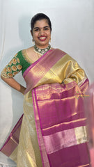 Vriksham Golden With Pink Border Tanchoi Tissue Saree-VS4505