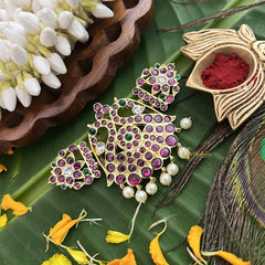 Vriksham Dual Peacock Gold Look Precious Kemp Pendant With Pearl Choker Neckpiece-Red Green & White-G20489