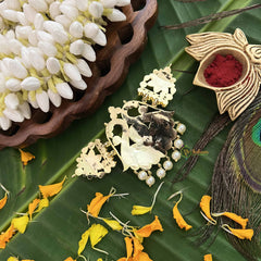 Vriksham Dual Peacock Gold Look Precious Kemp Pendant With Pearl Choker Neckpiece-Red Green & White-G20489