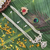 Vriksham Peacock Gold Look Precious Kemp Pendant With 3 Layered Pearl Long Neckpiece-G20487