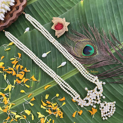Vriksham Peacock Gold Look Precious Kemp Pendant With 3 Layered Pearl Long Neckpiece-G20487