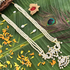 Vriksham Peacock Gold Look Precious Kemp Pendant With 3 Layered Pearl Long Neckpiece-G20487