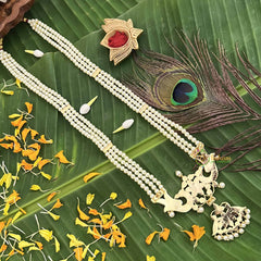 Vriksham Peacock Gold Look Precious Kemp Pendant With 3 Layered Pearl Long Neckpiece-G20487