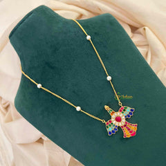 Vriksham Alabaster Garudabenda Handcrafted Bird Motif Statement Multi Color With Pearl Accents Pendant Necklace-J4208