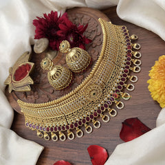 Vriksham Designer Floral AD Stone High Neck Choker-Red-Stone With Gold Bead-G18892