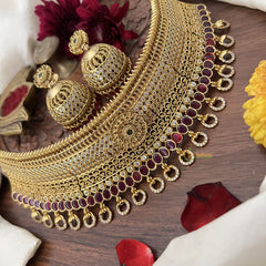 Vriksham Designer Floral AD Stone High Neck Choker-Red-Stone With Gold Bead-G18892