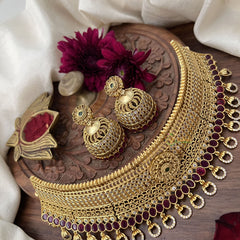 Vriksham Designer Floral AD Stone High Neck Choker-Red-Stone With Gold Bead-G18892