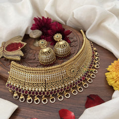 Vriksham Designer Floral AD Stone High Neck Choker-Red-Stone With Gold Bead-G18892