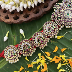 Vriksham Dual Peacock & Floral Precious Kemp Hipbelt-Pearl-Red Green & White-G20491