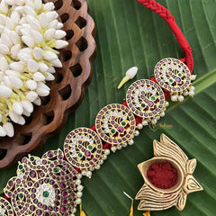 Vriksham Dual Peacock & Floral Precious Kemp Hipbelt-Pearl-Red Green & White-G20491