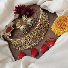 Vriksham Gold Plated Floral And Filigree Designer High Neck Choker-Green White-G18898