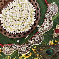 Vriksham Designer Peacock Grace & Floral Circle Precious Kemp Hipbelt-Pearl-Red Green & White-G20492