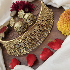 Vriksham Gold Plated Floral And Filigree Designer High Neck Choker-Green White-G18898