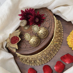 Vriksham Gold Plated Floral And Filigree Designer High Neck Choker-Green White-G18898