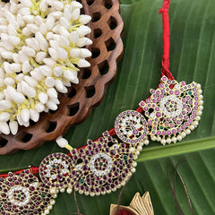 Vriksham Designer Peacock Grace & Floral Circle Precious Kemp Hipbelt-Pearl-Red Green & White-G20492