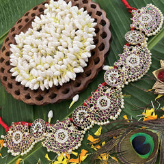 Vriksham Designer Peacock Grace & Floral Circle Precious Kemp Hipbelt-Pearl-Red Green & White-G20492