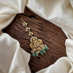 Premium AD Stone Lakshmi Maang Tikka-Aqua Green Bead-Pearl-G13569