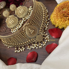 Vriksham Designer Lakshmi AD Stone High Neck Choker-Red Green-Gold Bead With Pearl-G18893