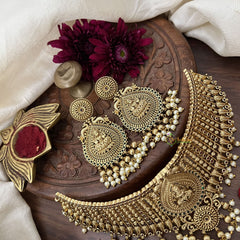 Vriksham Designer Lakshmi AD Stone High Neck Choker-Red Green-Gold Bead With Pearl-G18893