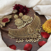 Vriksham Designer Lakshmi AD Stone High Neck Choker-Red Green-Gold Bead With Pearl-G18893